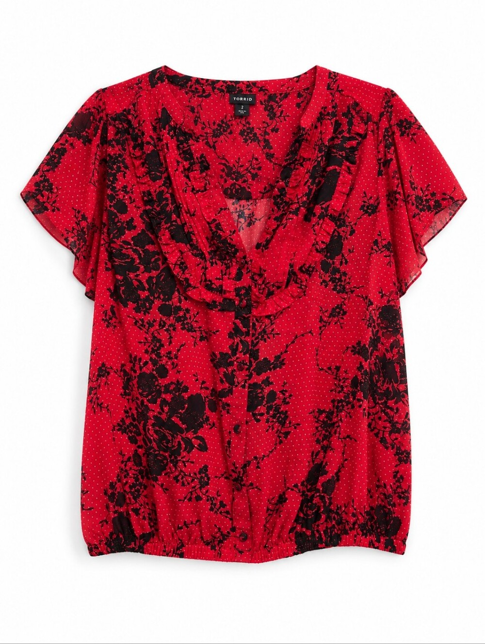 Torrid Red blouse with Black Floral Print and Flutter Sleeves, Size 2X